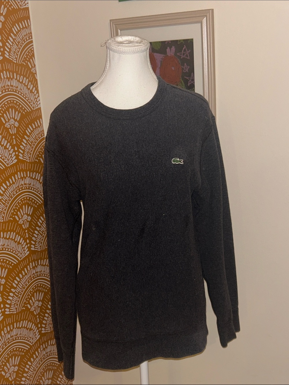 Lacoste Men's Charcoal Crewneck Sweatshirt with Green Croc Logo